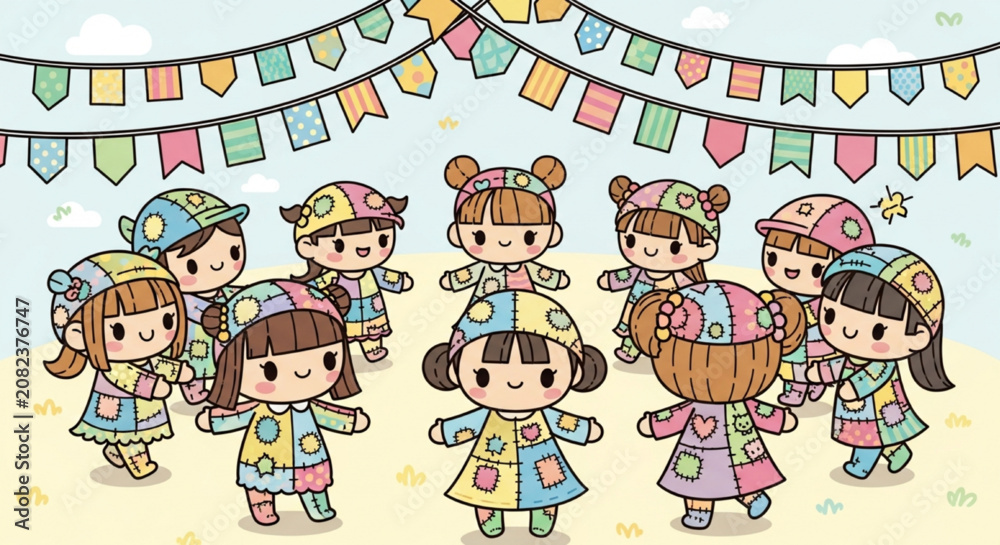 Fototapeta premium Chibi Dolls in Patchwork Dresses Dancing Under Bunting