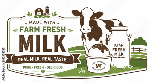 Foto Farm fresh milk label with cow and dairy containers.