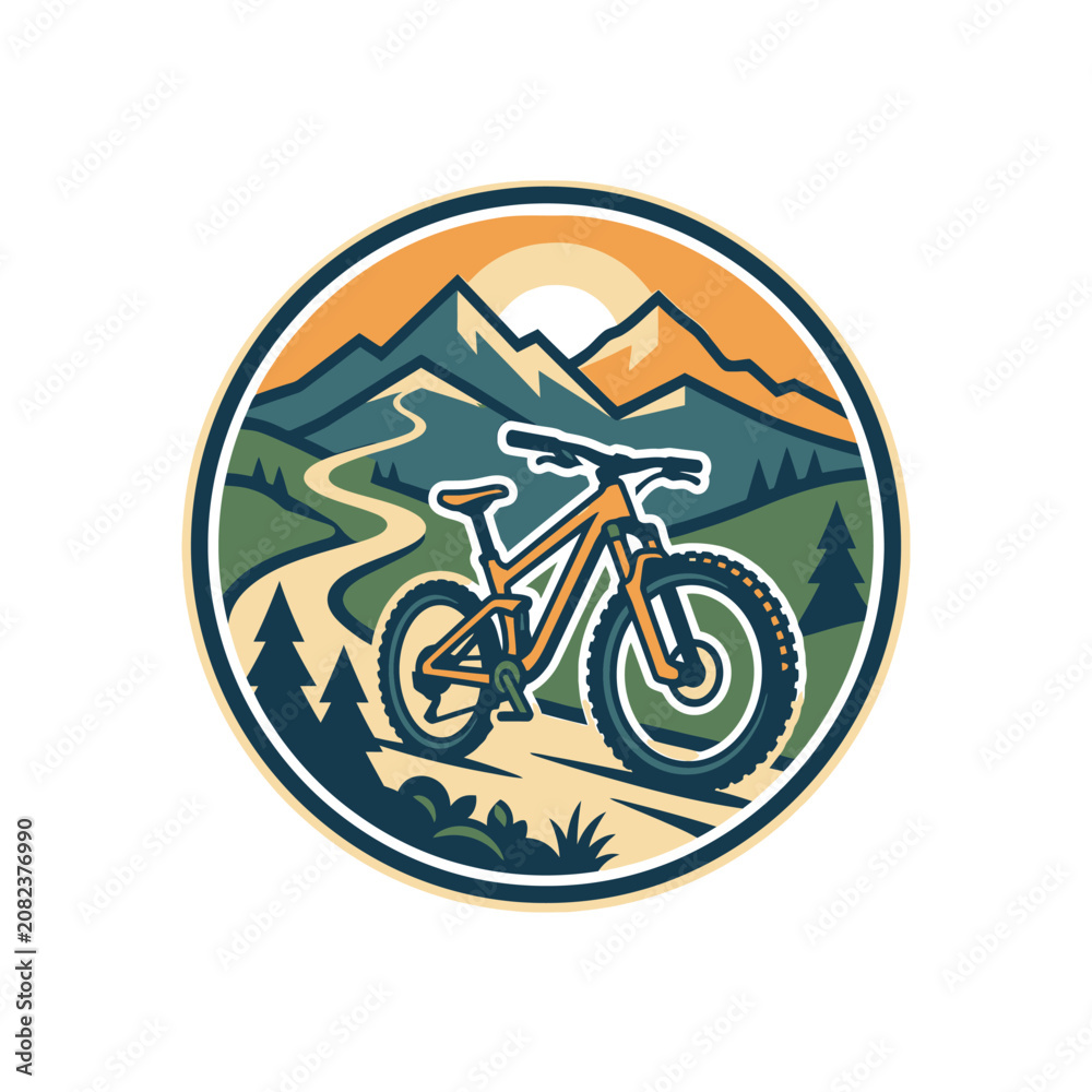 Fototapeta premium Mountain bike trail circular badge with sun.