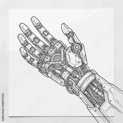 Technical robotic cyborg hand line art illustration.