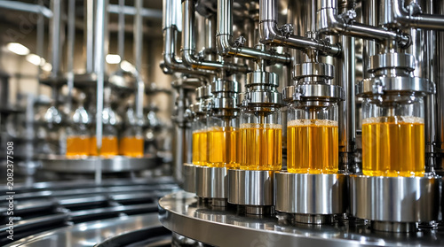 Automated Industrial Bottling Line Filling Glass Bottles with Golden Liquid in Modern Factory
