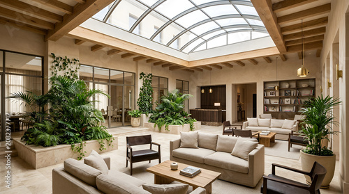 Modern Luxury Indoor Atrium Lounge with Glass Skylight and Lush Green Plants