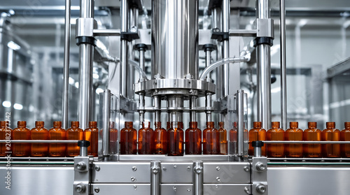 Precision automated liquid filling machine efficiently feeding amber glass bottles in a clean, modern pharmaceutical manufacturing plant