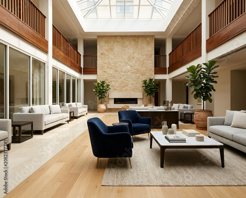 Elegant Modern Hotel Lobby Featuring Luxurious Seating Areas and High Ceilings with Natural Skylight Illumination