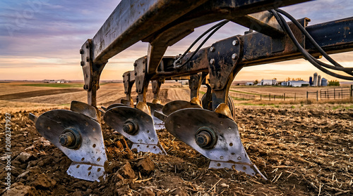 Durable agricultural plow cultivating fertile soil during sunrise on a large farm, essential machinery for crop preparation and future food production