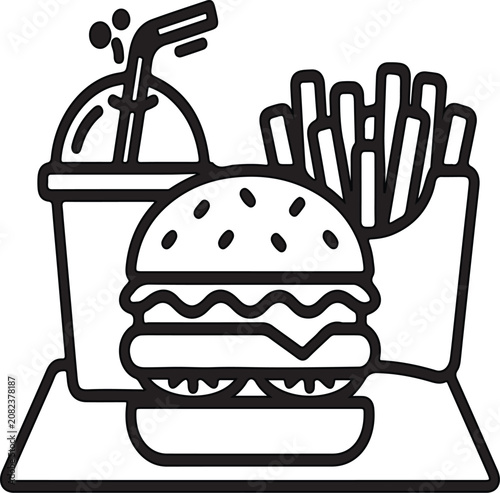 Fast Food Combo Outline Vector Icon on White Background