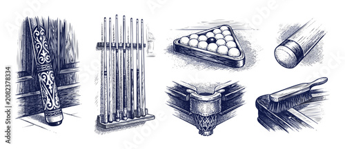 Schilderij op canvas Billiard pool cue ball set vintage engraving illustration of classic game equipment, table corner pocket, triangle rack, pool cues on wall stand, and cleaning brush for leisure recreation concept