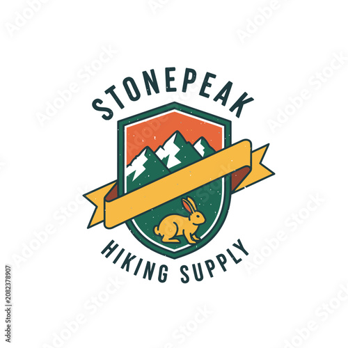Retro mountain hiking shield logo with rabbit.