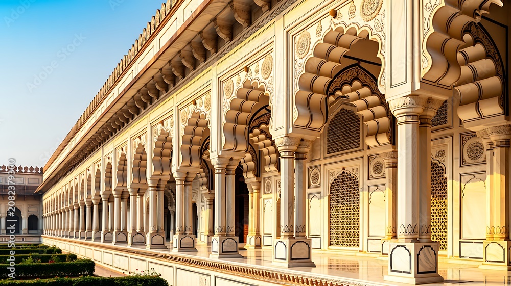 Obraz premium Mughal Pichwai Garden. Vector traditional illustration of temple, pillar arch, tropical plant, peacock, elephant, tree, palm, indian woman for greeting card, banner, poster or background.