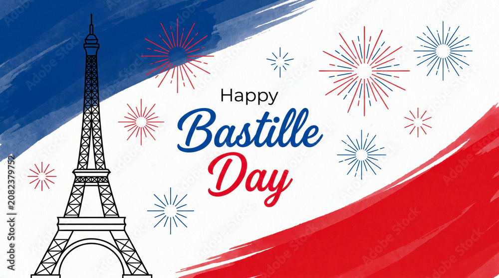 Fototapeta premium Happy bastille day celebration with eiffel tower and fireworks