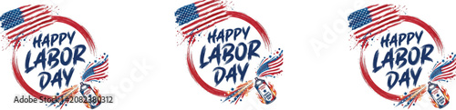 Happy labor day greeting cards with american flag and fireworks celebrating workers' contributions