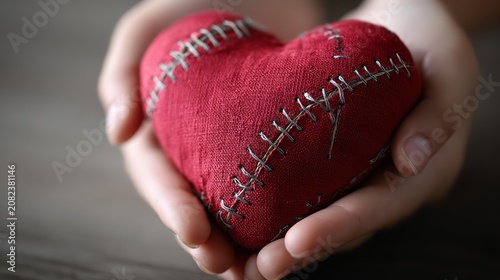 Hand gently holding a cracked and stitched red heart representing healing and reconciliation