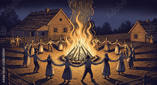 Villagers Holding Hands in Circle Around Communal Flame