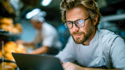 Bakery owner using a laptop among fresh bread while a baker works in the background, representing AI-assisted management and small business automation