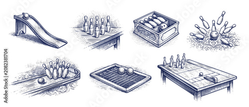 Schilderij op canvas Vintage bowling skittles illustration set showing classic retro tabletop games, wooden pins, and balls in hand-drawn engraving style for nostalgic sports design, game history collection