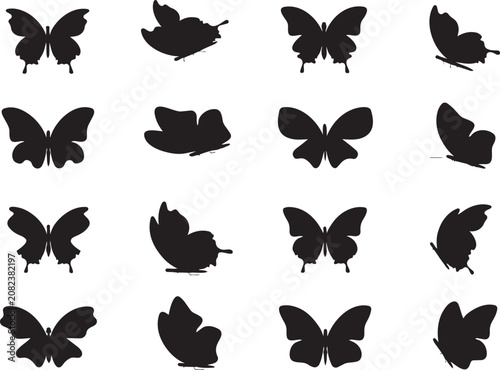 Collection of black butterfly silhouettes in various poses simple vector graphics for design elements isolated on white background
