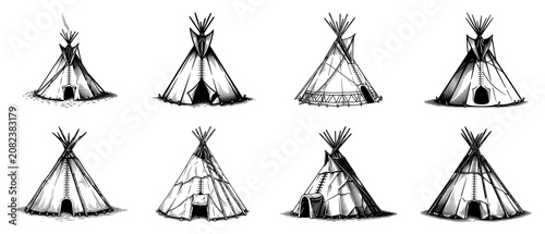 Fotografie Native American Teepee Tents Collection Set, Hand Drawn Engraving Style Tipi Lod