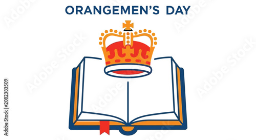 Fotografía Orangemen's Day illustration with open book and crown on white background