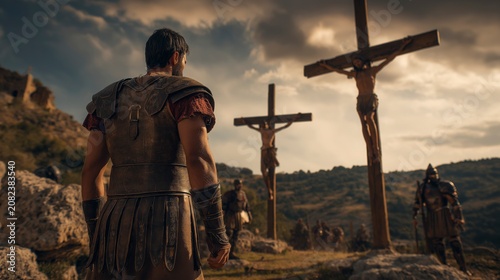 A Roman centurion stands before the three crosses, gazing toward the central cross where Jesus is crucified, as fellow soldiers watch in silence beneath the open sky.