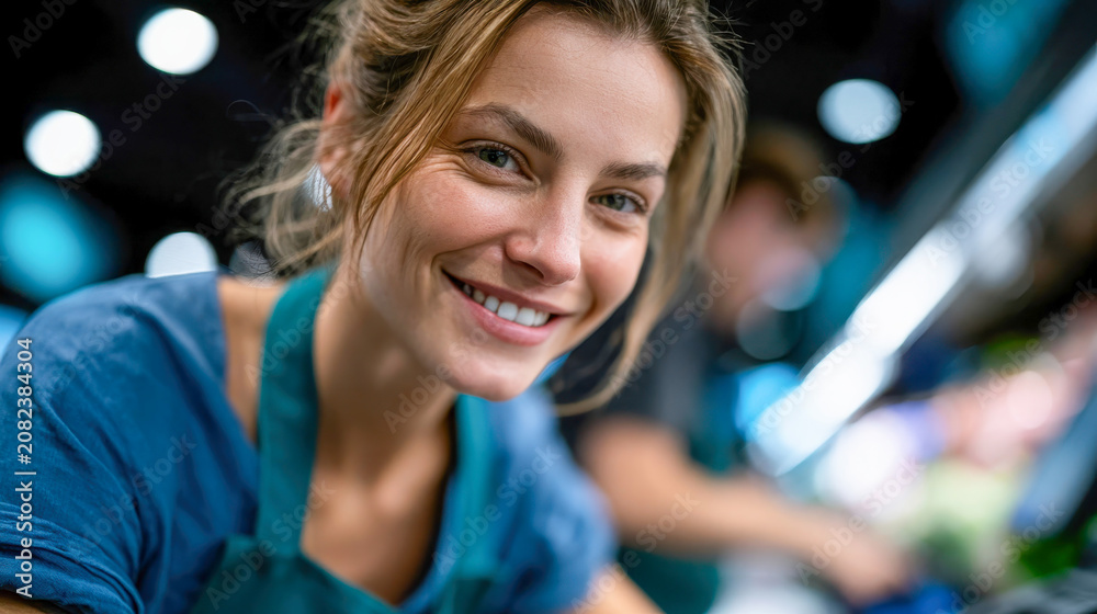 Obraz premium Friendly smiling female grocery store employee in a blue uniform looking at the camera while working in a modern retail environment