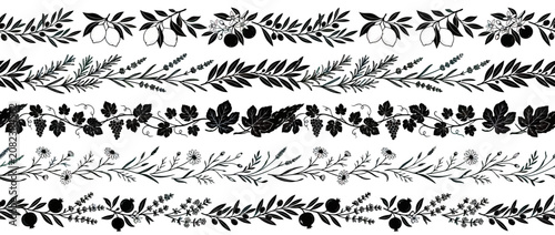 Bilde på lerret Set of 5 botanical borders with leaves, fruits, and flowers, black and white