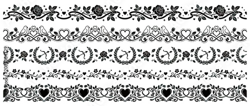 Romantic Ornamental Borders Collection: Roses, Hearts, Cupids, Doves, and Flourishes