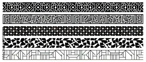 Collection of decorative geometric borders and patterns in black and white