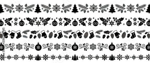 Set of five horizontal Christmas themed decorative borders with snowflakes, trees, baubles, mittens, stockings