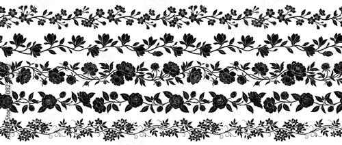 Black Floral Borders Collection - Delicate Vines and Flowers Seamless Patterns
