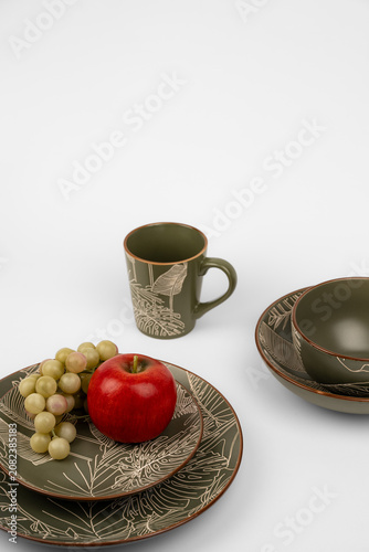 Botanical Pattern Ceramic Tableware with Fresh Fruit