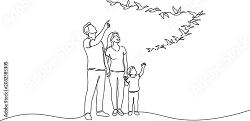 Foto Continuous line drawing of a family looking at a flock of birds.