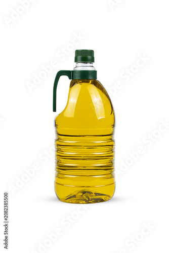 Yellow Olive Oil in Plastic Bottle with Green Handle Isolated