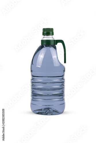 Blue Liquid Plastic Bottle with Handle and Green Cap Isolated