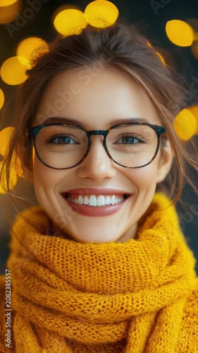 Close up portrait of young woman wearing glasses and yellow knitted scarf with glowing warm bokeh light circles in dark evening environment capturing cheerful festive holiday mood