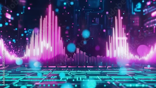 Vibrant digital sound equalizer with glowing data spikes and futuristic circuit board lines, abstract cybernetic realm experience.