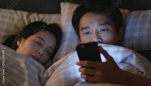 Asian Man Secretly Watching Smartphone on Smartphone in Bed Next to Sleeping Wife