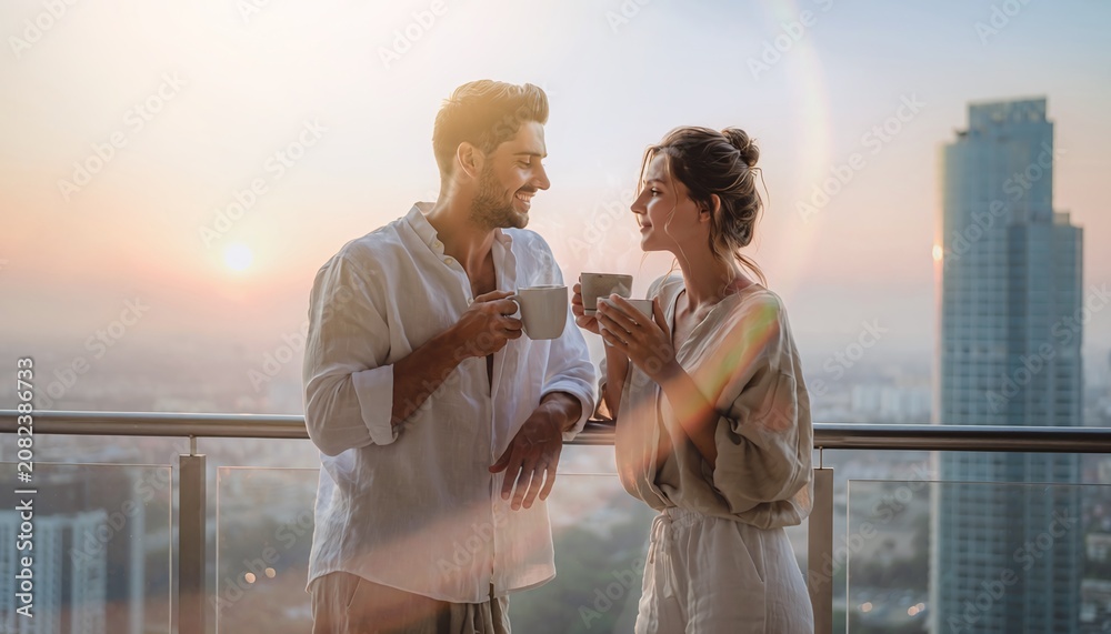Fototapeta premium A happy young couple enjoys a romantic morning coffee together on a highrise balcony, basking in the warm golden sunrise over the city skyline. Beautiful, modern luxury lifestyle.