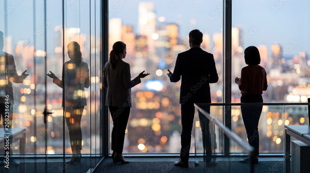 Fototapeta premium Business professionals discussing strategy overlooking city skyline