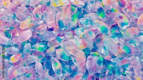 Kaleidoscopic abundance of iridescent, jelly-like translucent shapes, glistening with vibrant aquatic and pastel hues in mesmerizing, soft-focus aggregate.