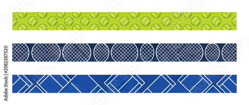Tableau sur toile Tennis balls, rackets, and geometric patterns in decorative bands