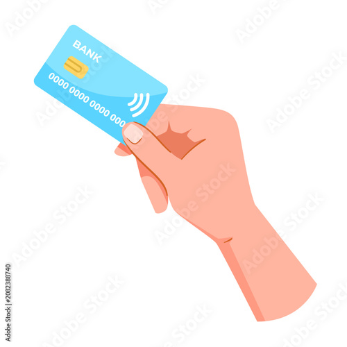 Hand with bank card shown in flat style on white background as concept of payment method. Vector illustration