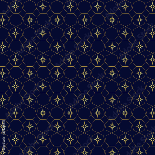 Elegant Gold Hexagon Seamless Pattern with Star Motif on Dark Navy Background