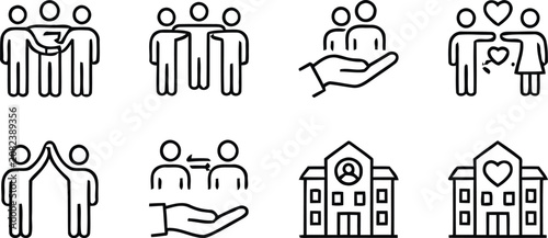 Foto Black line icons of people helping and supporting each other