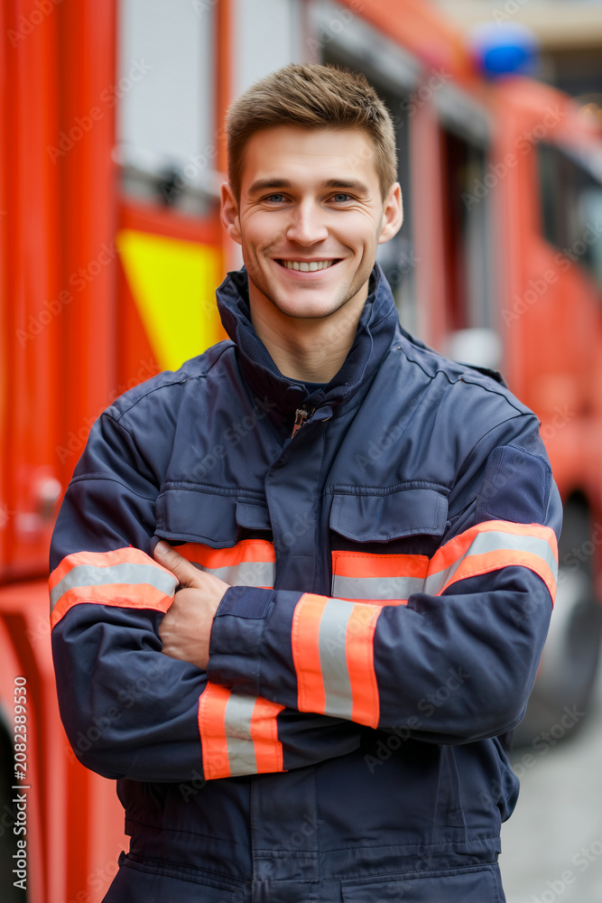 Fototapeta premium Smiling young firefighter standing with crossed arms in front of a red fire truck. Confident male rescuer in uniform posing outdoors on a blurred station background