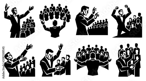 Canvastavla Politician Speaking to Crowd, Public Speech, Debate, Rally, Silhouette Icons