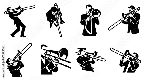 Sticker Musician Playing Trombone Silhouette Set, Jazz Band Performance Vector Graphics