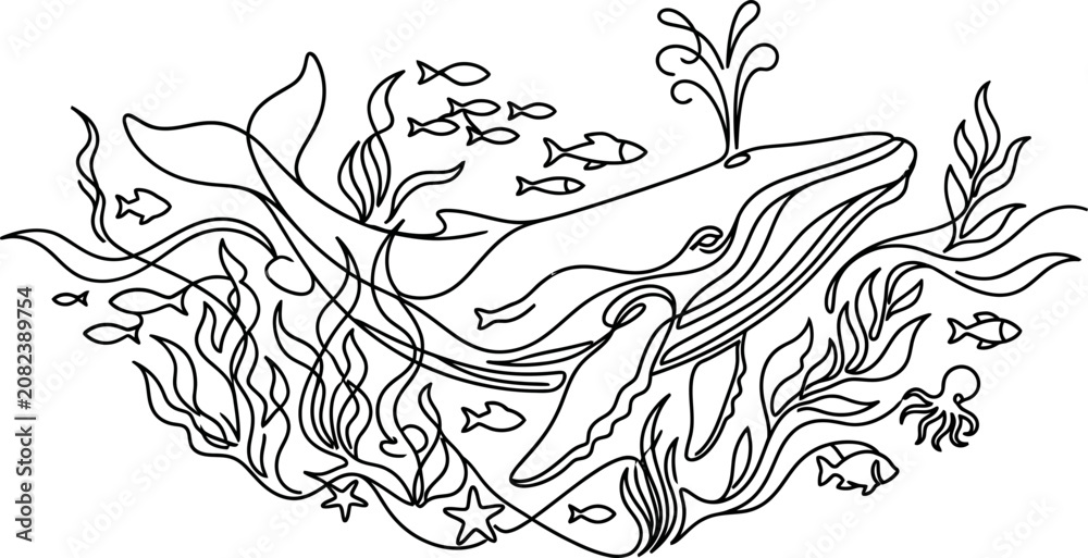 Obraz premium Continuous line art illustration of a humpback whale in the ocean.
