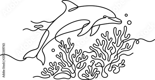 Foto Continuous line art of a dolphin swimming over coral reef.