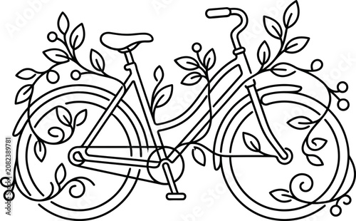 Bild auf Leinwand Decorative line art illustration of a vintage bicycle entwined with botanical floral vines