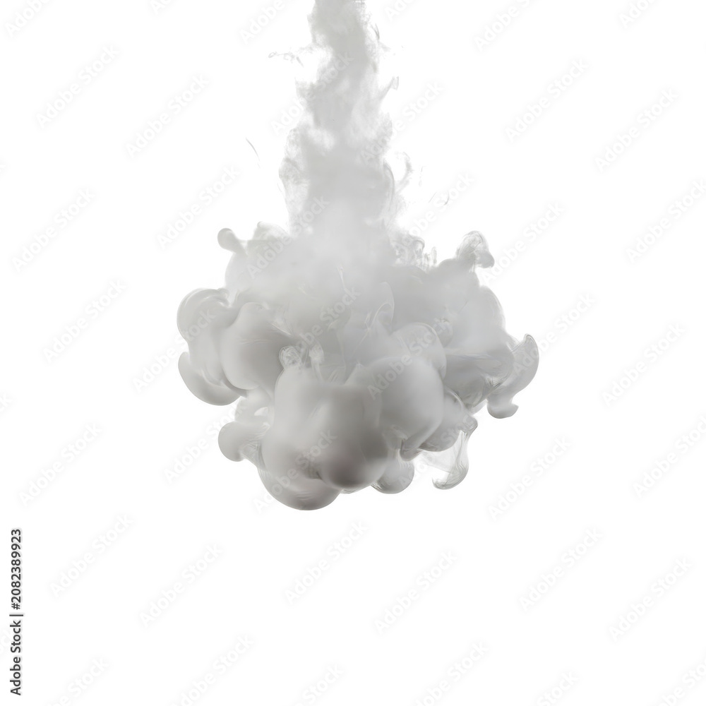 Fototapeta premium A dense plume of white ink dropping into water, creating a vertical trail and a billowing cloud of swirling liquid shapes against a dark background
